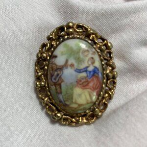 Vintage Porcelain Courting Scene Brooch Pin Gold Tone Ornate Setting Romantic